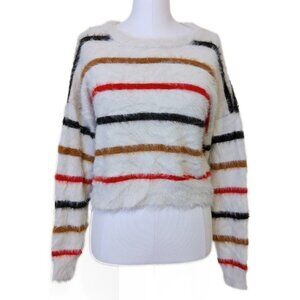 Fuzzy Striped Sweater Drop Shoulder Long Sleeve Colourful Spring White Green Red